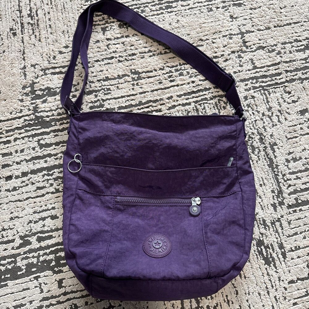 Kipling Deep Purple Nylon Crossbody Shoulder Bag Dual Front Pockets Zip